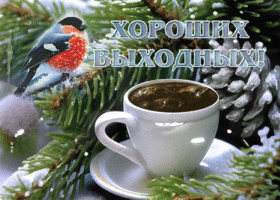 Postcard шикарная гиф-открытка с чашечкой кофе, хороших выходных