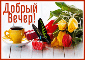 Picture замечательна открытка  добрый вечер с тюльпанами и бабочкой
